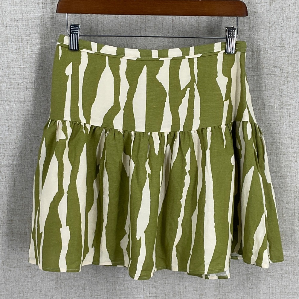 H&M Mini Skirt Womens Sz 6 Green Linen Blend Abstract Stripe Ruffle Boho Preppy